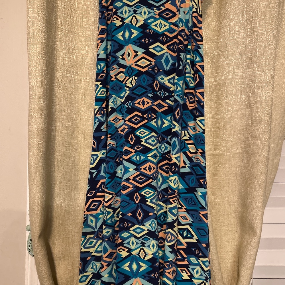 Lularoe size small women’s geometric print elastic waist maxi skirt blue peach